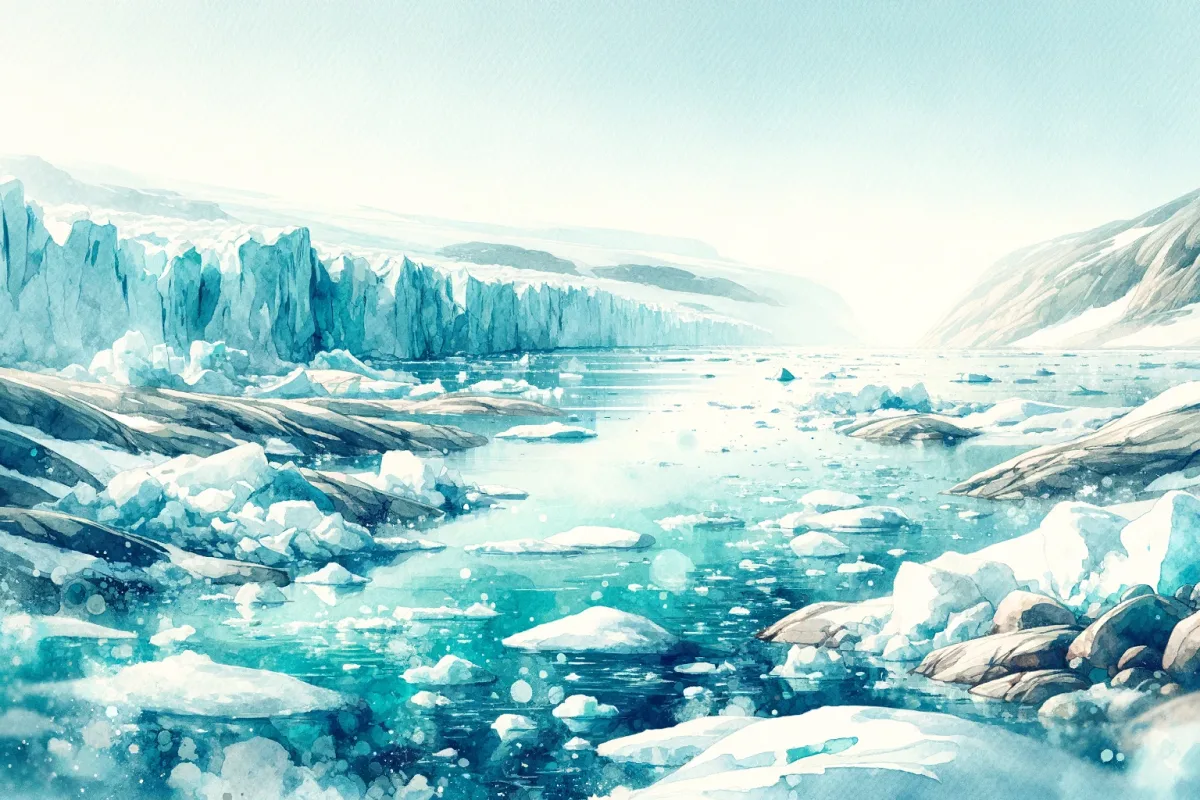 Elegant watercolor depiction of the Greenland Ice Sheet, highlighting melting glaciers and ice retreat, emphasizing the urgent issue of climate change.
