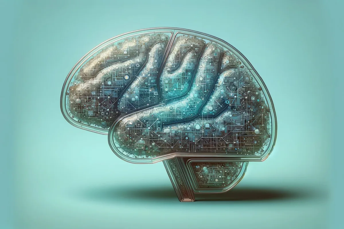 Futuristic depiction of the first human brain implant by Neuralink, showcasing a stylized human brain interlinked with digital elements against a Tiffany blue background, symbolizing the pioneering intersection of biology and advanced technology.