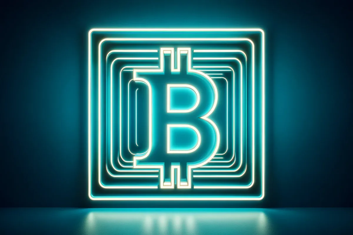 Minimalist Blue neon infinity mirror effect with Bitcoin symbol representing the cryptocurrency's milestone of reaching $50,000.